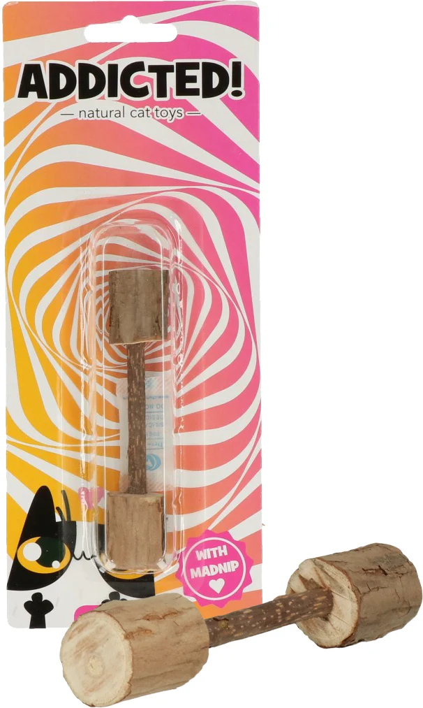 ADDI0014.jpg Spielhantel aus Holz für Katzen mit MADNIP – Addicted! Wood Dumbell – Bild 1