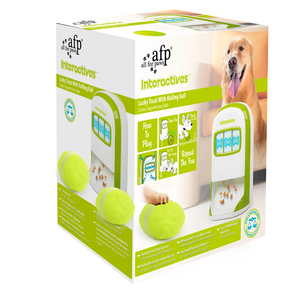 AFPH03207.png Belohnungsautomat für Hunde mit ballförmiger Fernbedienung – AFP Interactives - Lucky Treat with Rolling Ball – Bild 1