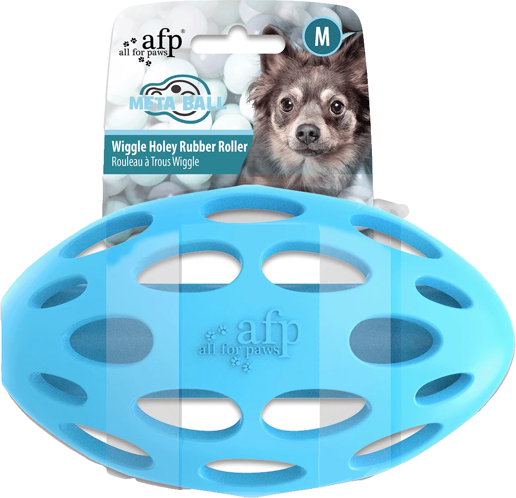 Hundeball mit Löchern und Kichergeräusch, M, 11,5 x 7 x 7 cm – AFP Meta Ball Wiggle Holey Roller – Bild 1