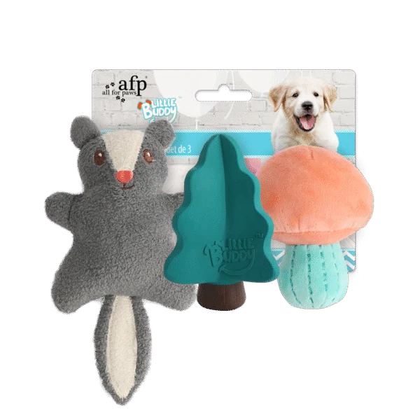 Welpen Spielzeugset mit 2 Kuscheltieren und Quietscher, 3 Stück – AFP Little Buddy 3-Pack Toy Woodland