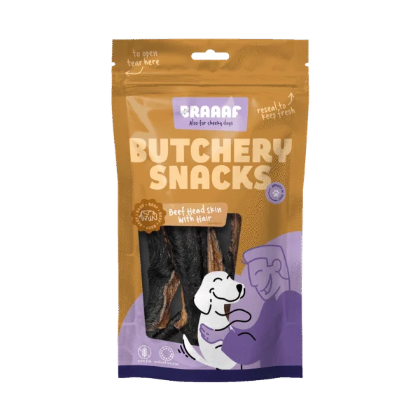 Kausnack aus Rinderkopfhaut mit Fell für Hunde, 150 g – Braaaf Butchery