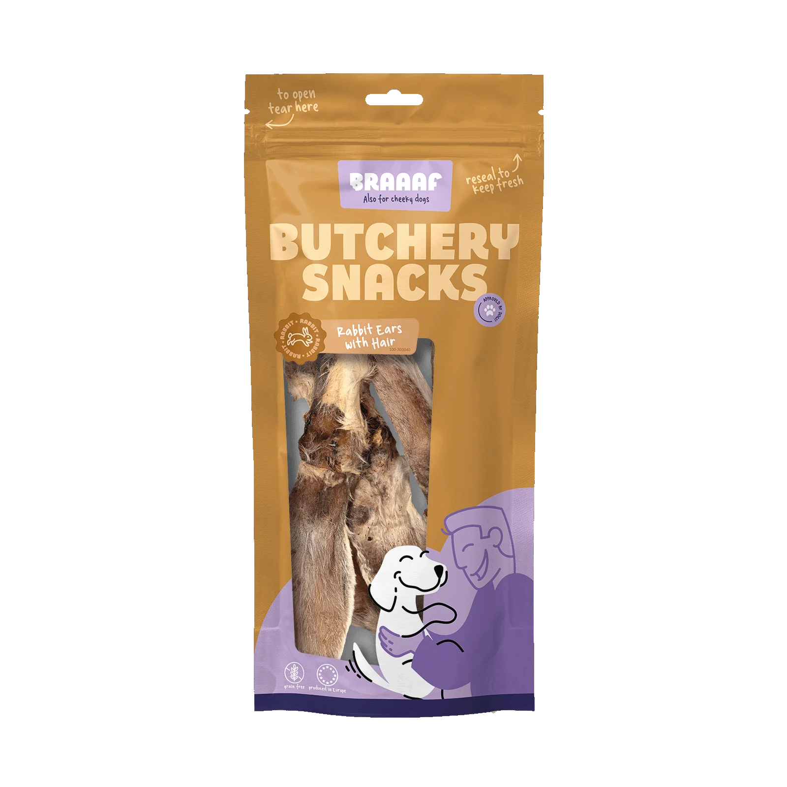 BRAA300040.png Kausnack aus Kaninchenohren mit Fell für Hunde, 80 g – Braaaf Butchery – Bild 1