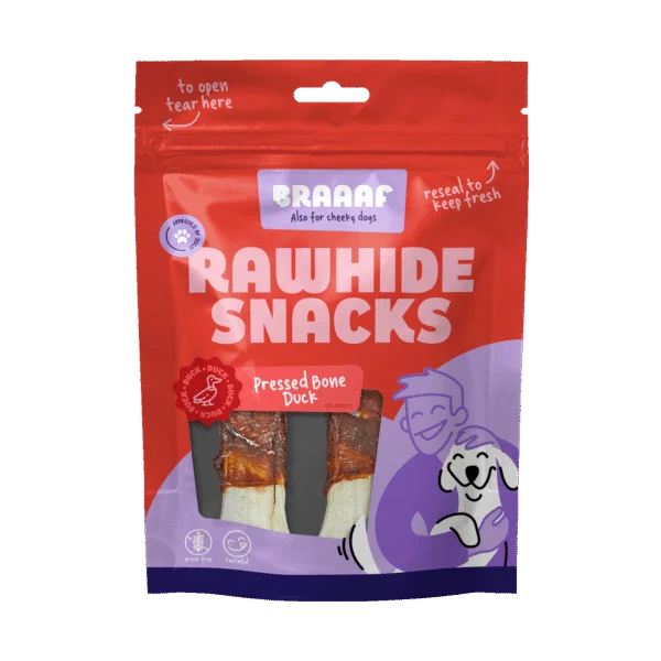 Kauknochen mit Ente, gepresst, 12,5 cm, 2 Stück – Braaaf Rawhide Pressed Bone