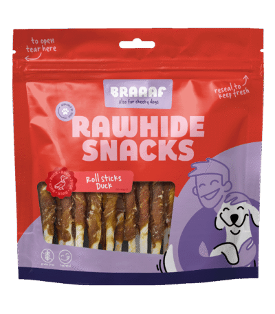 Kaustangen mit Ente, 30 Stück – Braaaf Rawhide Roll Sticks