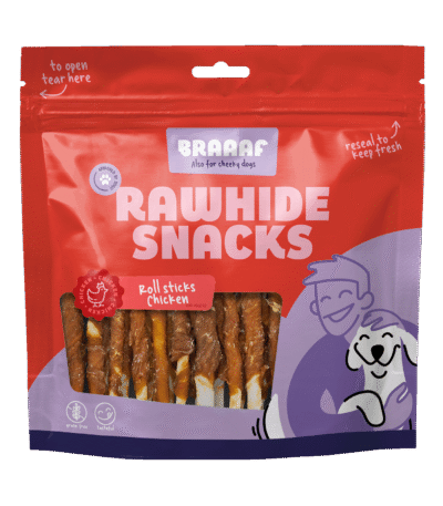Kausticks mit Huhn, 30 Stück – Braaaf Rawhide Roll Sticks