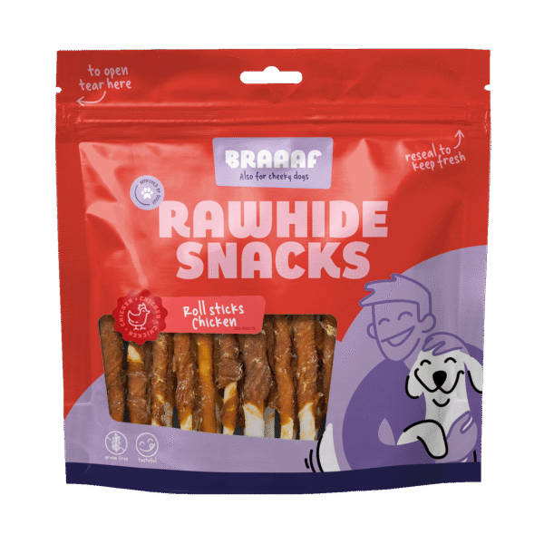 Kausticks mit Huhn, 30 Stück – Braaaf Rawhide Roll Sticks