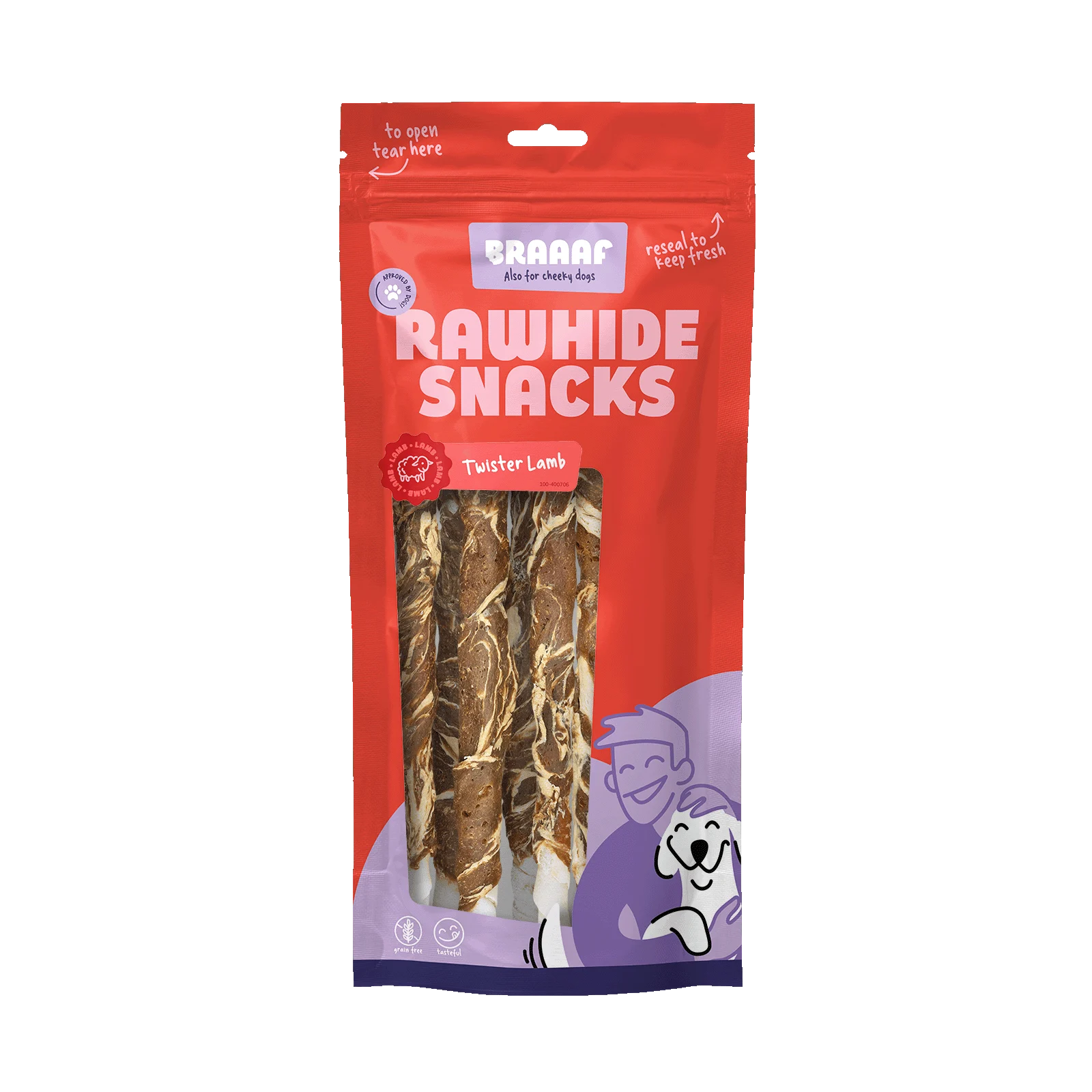 BRAA400706.png Kausnack aus Büffelhaut mit Lamm und Fisch, 21 cm, 6 Stück – Braaaf Rawhide Twister – Bild 1