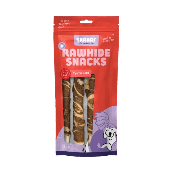 Kausnack aus Büffelhaut mit Lamm und Fisch, 21 cm, 3 Stück – Braaaf Rawhide Twister