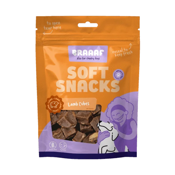 Hundesnack Würfel mit Lamm und Fisch, getreidefrei, 85 g – Braaaf Soft Snack Cubes