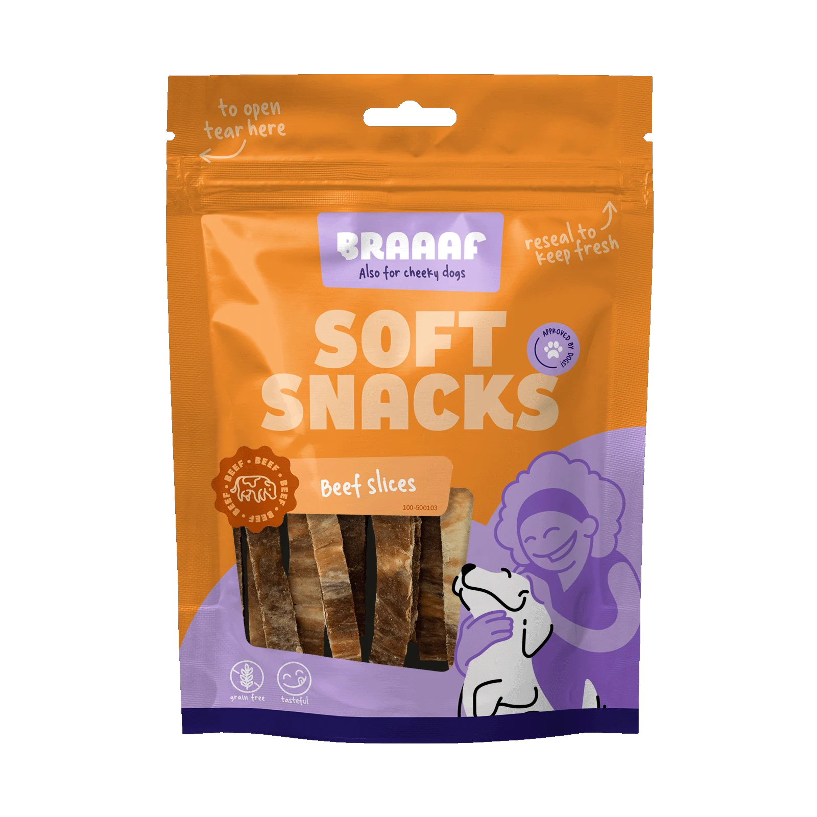 Weiche Hundesnacks mit Rind und Fisch, getreidefrei, 85 g – Braaaf Soft Snack Slices – Bild 1