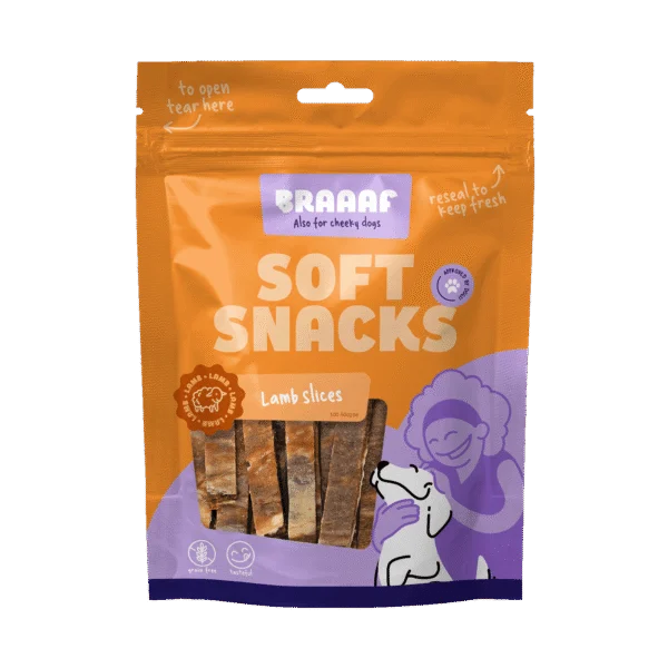 Weiche Hundesnacks mit Lamm und Fisch, getreidefrei, 85 g – Braaaf Soft Snack Slices