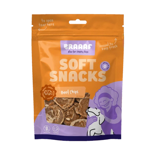 Hundesnack in Chipform mit Rind und Fisch, getreidefrei, 85 g – Braaaf Soft Snack Chips