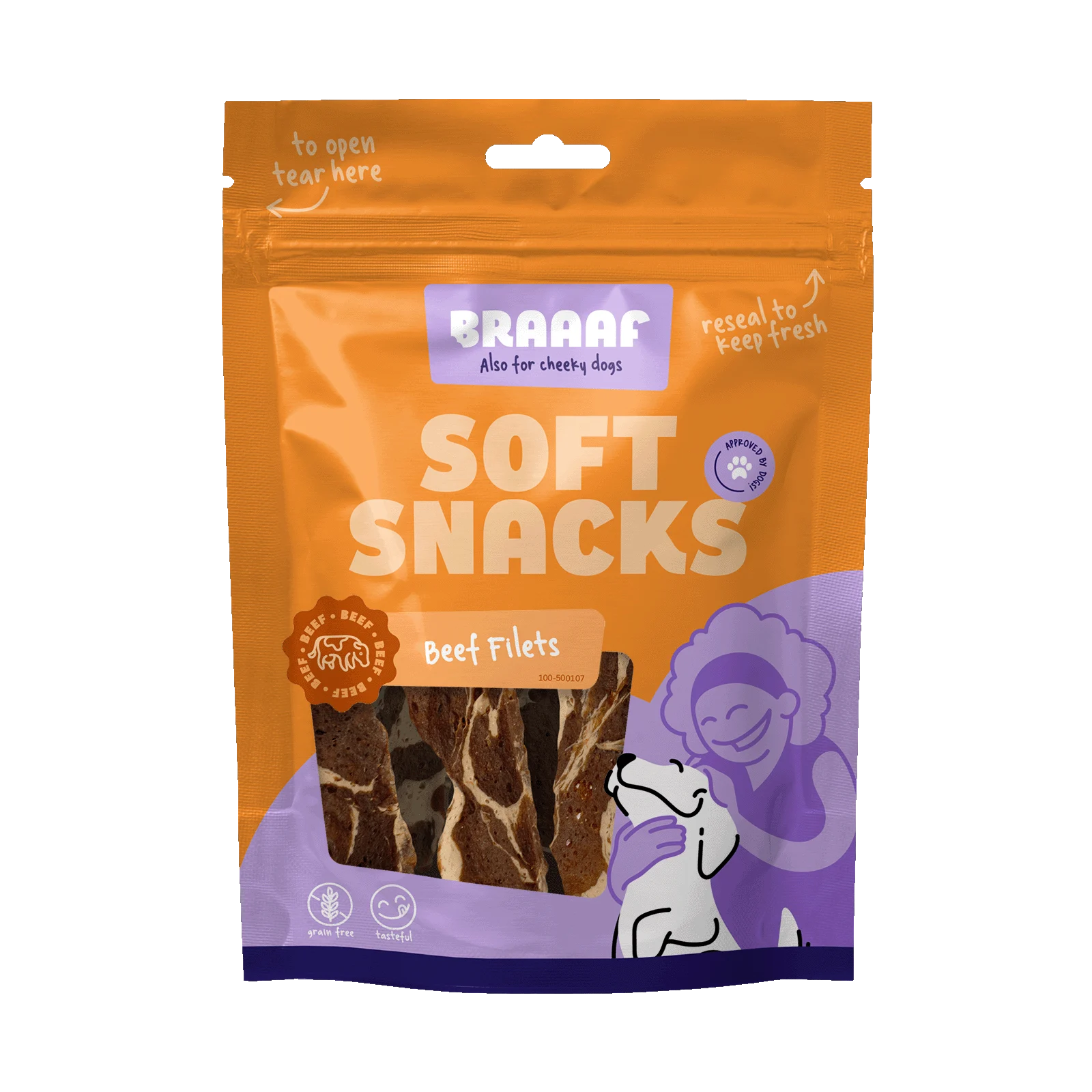 BRAA500107.png Hundesnack in Filetform mit Rind und Fisch, getreidefrei, 85 g – Braaaf Soft Snack Filet – Bild 1