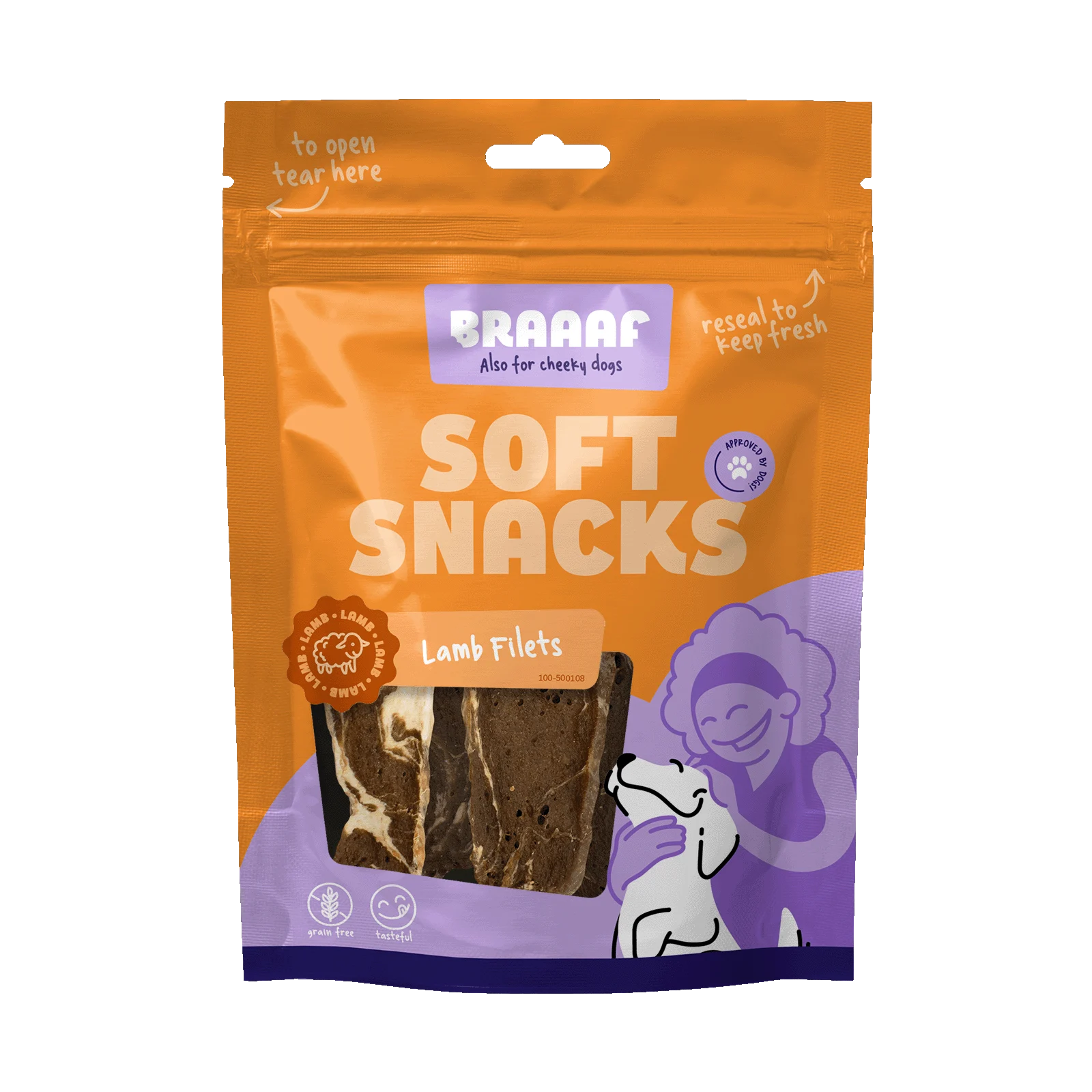 BRAA500108.png Hundesnack in Filetform mit Lamm und Fisch, getreidefrei, 85 g – Braaaf Soft Snack Filet – Bild 1