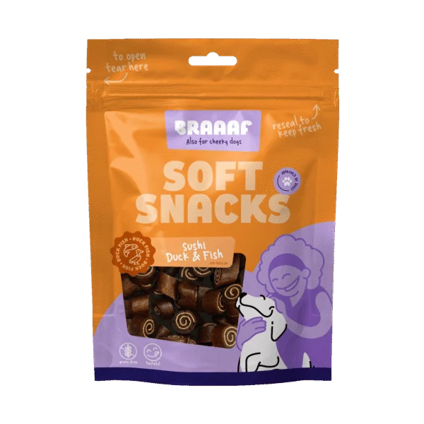Weiche Hundesnacks mit Ente und Fisch, getreidefrei, 85 g – Braaaf Soft Snack Sushi