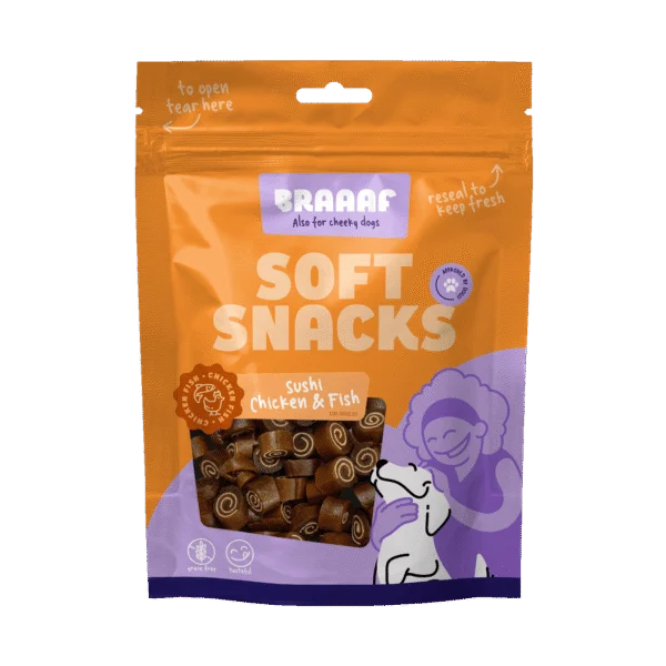 Weiche Hundesnacks mit Huhn und Fisch, getreidefrei, 85 g – Braaaf Soft Snack Sushi