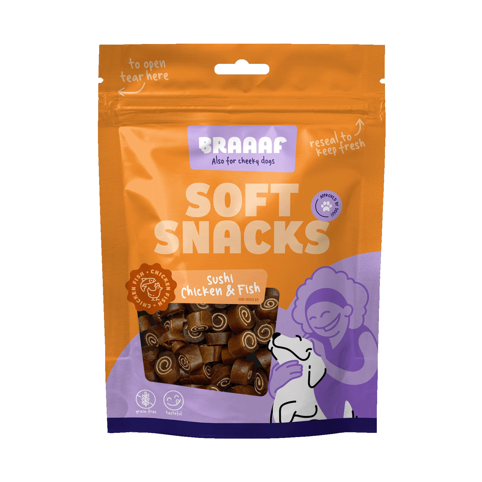 BRAA500110.png Weiche Hundesnacks mit Huhn und Fisch, getreidefrei, 85 g – Braaaf Soft Snack Sushi – Bild 1
