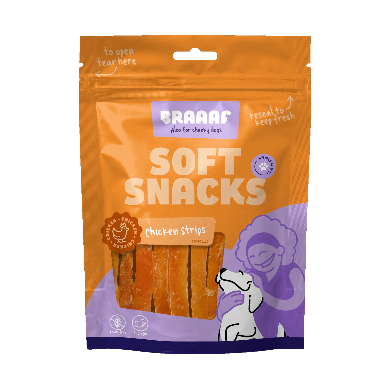BRAA500112.png Hundesnackstreifen mit Huhn, getreidefrei, 85 g – Braaaf Soft Snack Huhnstückchen – Bild 1