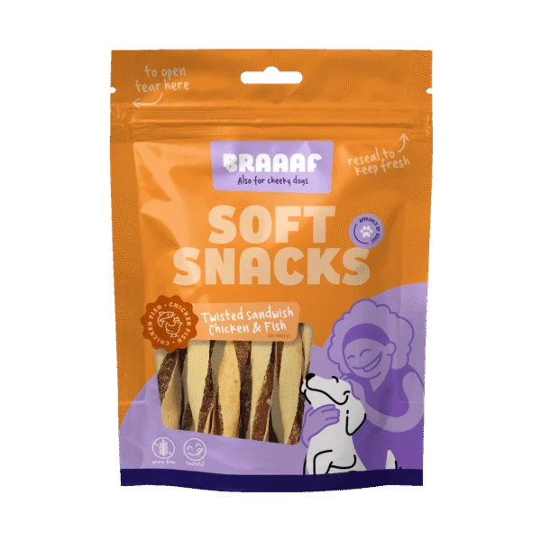 Hundesnack in gedrehter Sandwichform mit Huhn und Fisch, getreidefrei, 85 g – Braaaf Soft Snack Gedrehtes Sandwich