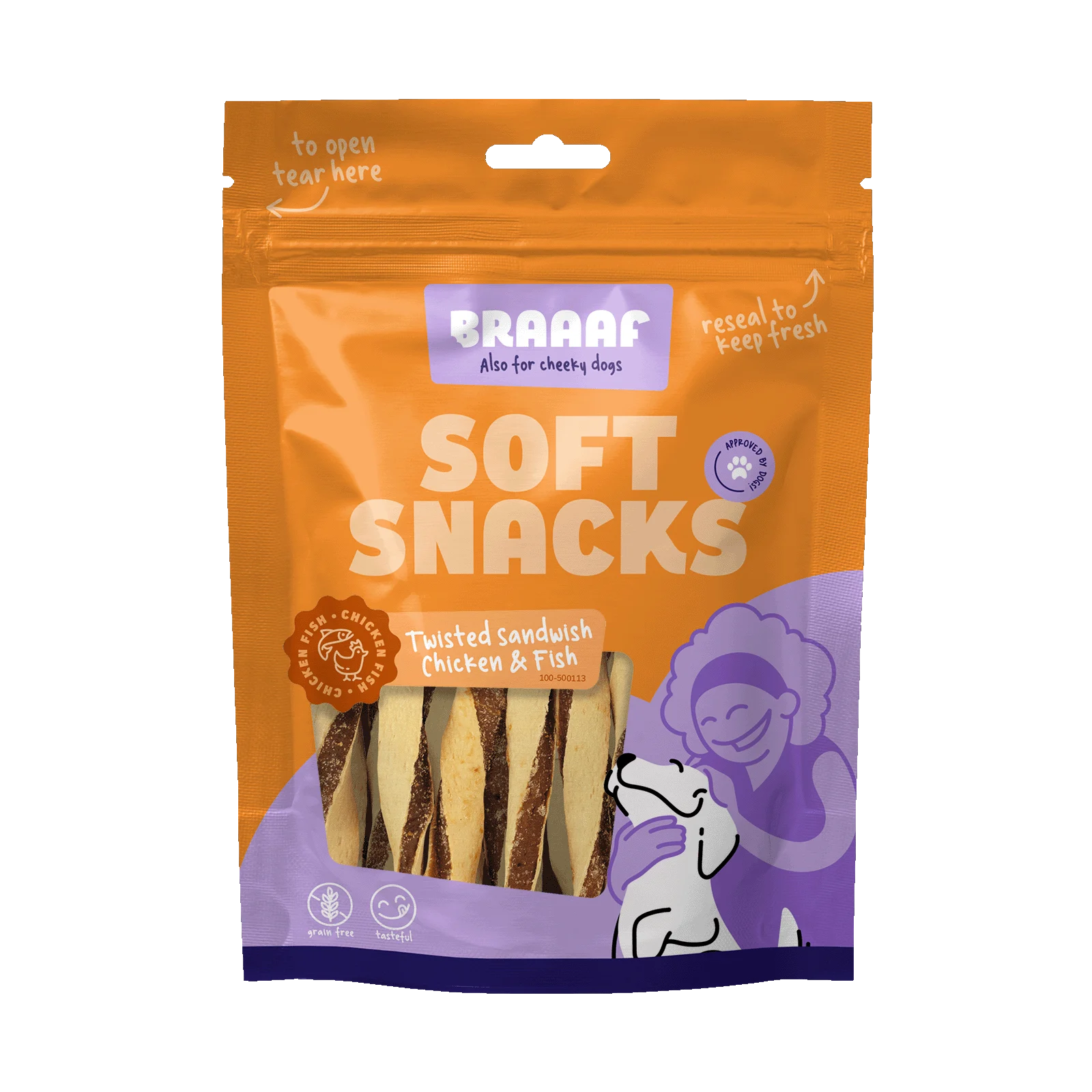 BRAA500113.png Hundesnack in gedrehter Sandwichform mit Huhn und Fisch, getreidefrei, 85 g – Braaaf Soft Snack Gedrehtes Sandwich – Bild 1