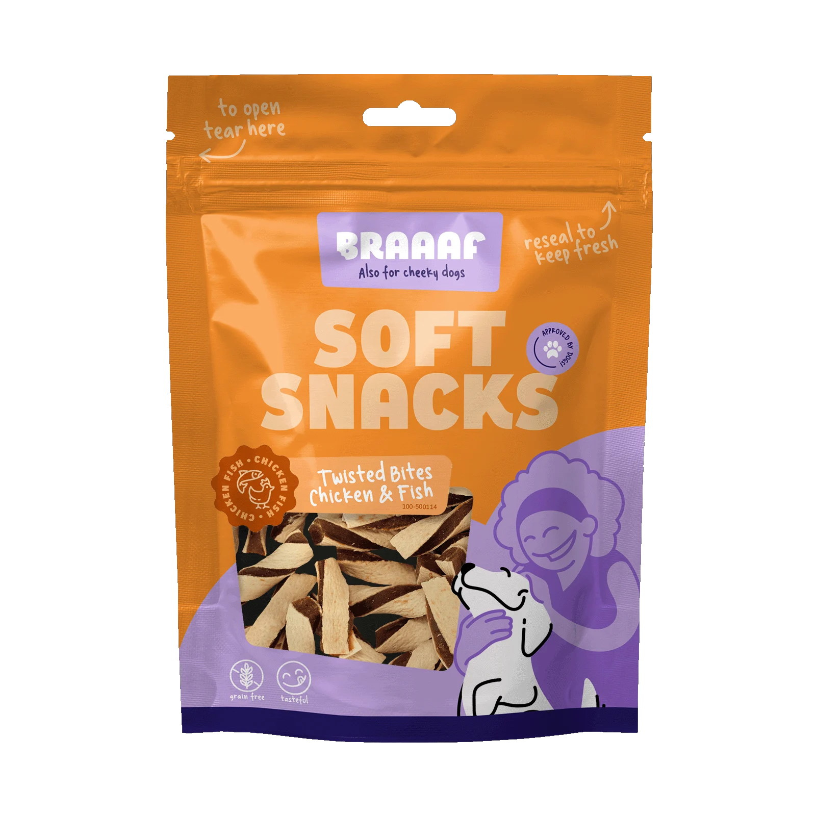 BRAA500114.png Hundesnack-Häppchen mit Huhn und Fisch, getreidefrei, 85 g – Braaaf Soft Snack Gedraaide Bites – Bild 1