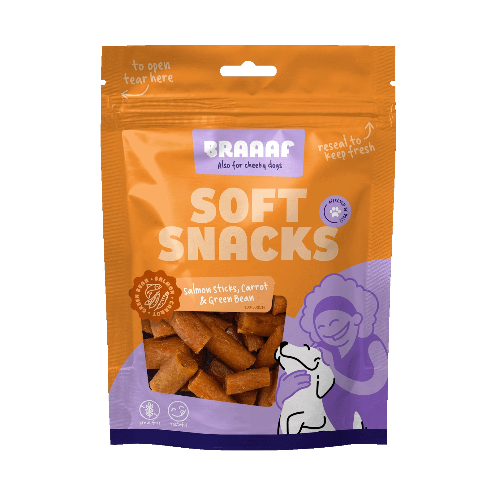 Weicher Hundesnack mit Lachs, Karotte und grünen Bohnen, 85 g – Braaaf Soft Snack Lachs-Stick – Bild 1