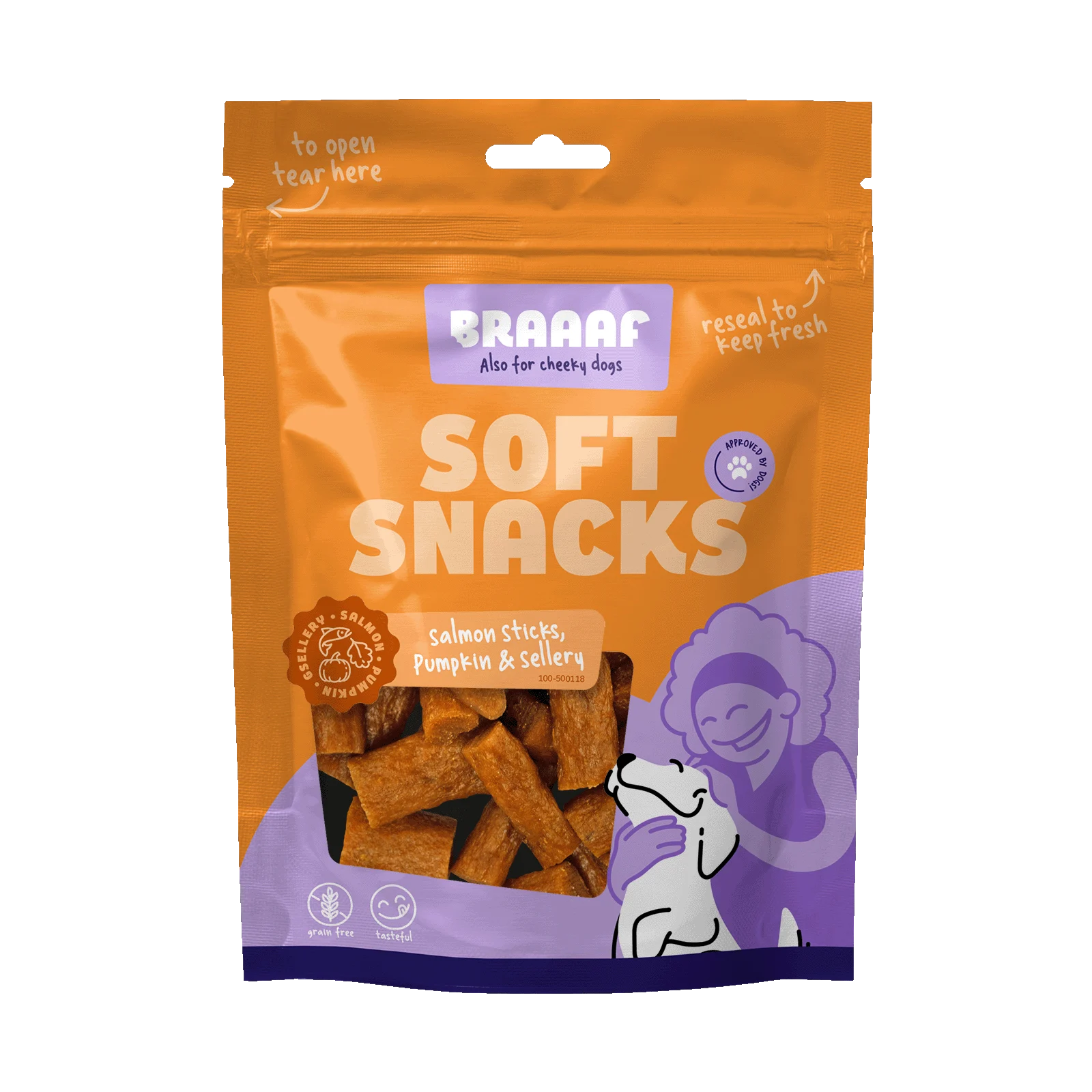 Hundesnackstreifen mit Lachs, Kürbis und Sellerie, 85 g – Braaaf Soft Snack – Bild 1