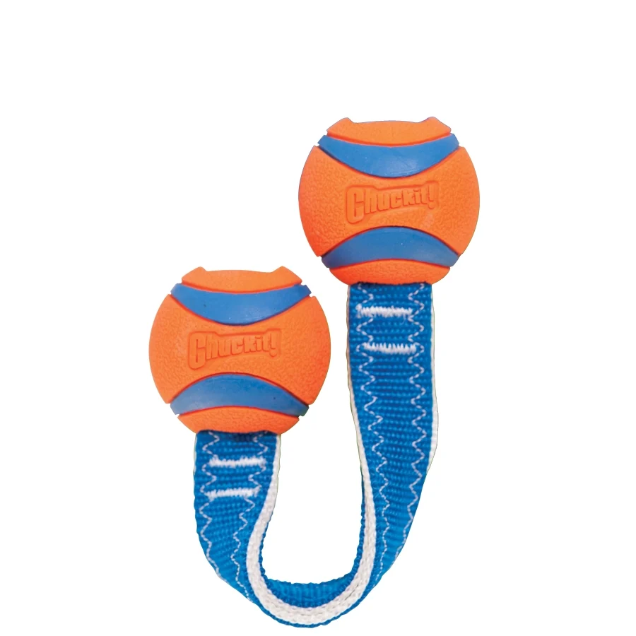Zerrspielzeug für Hunde mit 2 Tennisbällen und Nylonband, ø 5 cm – Chuckit! Ultra Duo Tug S – Bild 2