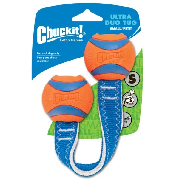 Zerrspielzeug für Hunde mit 2 Tennisbällen und Nylonband, ø 5 cm – Chuckit! Ultra Duo Tug S