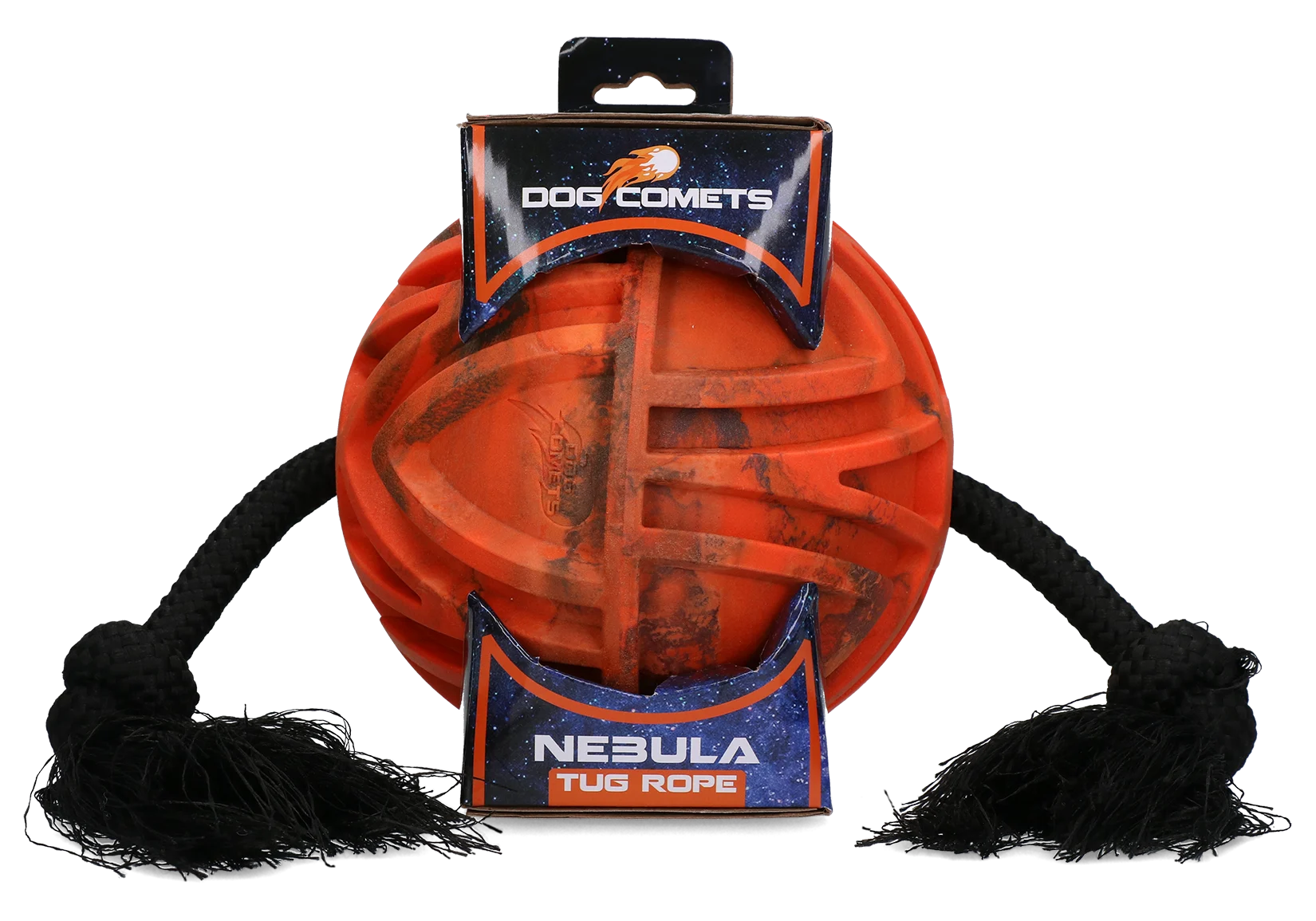 COME0082B.png Hundeball mit durchgehendem Seil und Knoten, Ø 18 cm, Orange – Dog Comets Nebula Tug Rope – Bild 1