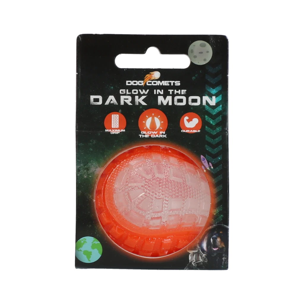 COME017A.png Hundeball mit Leuchtelement und Quietscher S, 5 cm, Orange – Dog Comets Glow In The Dark Moon Ball – Bild 1