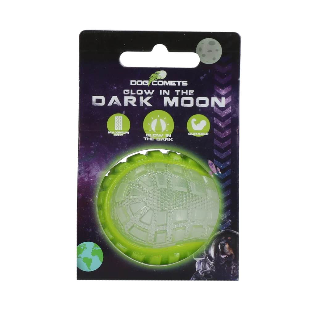 COME017C.png Hundeball mit Leuchtteil und Quietscher S, 5 cm, Grün – Dog Comets Glow In The Dark Moon Ball – Bild 1