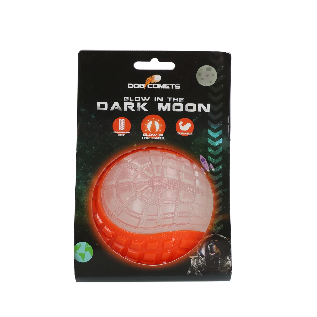 COME017P.png Leuchtender Hundeball mit Quietscher, L 10 cm, Orange – Dog Comets Glow In The Dark Moon Ball – Bild 1