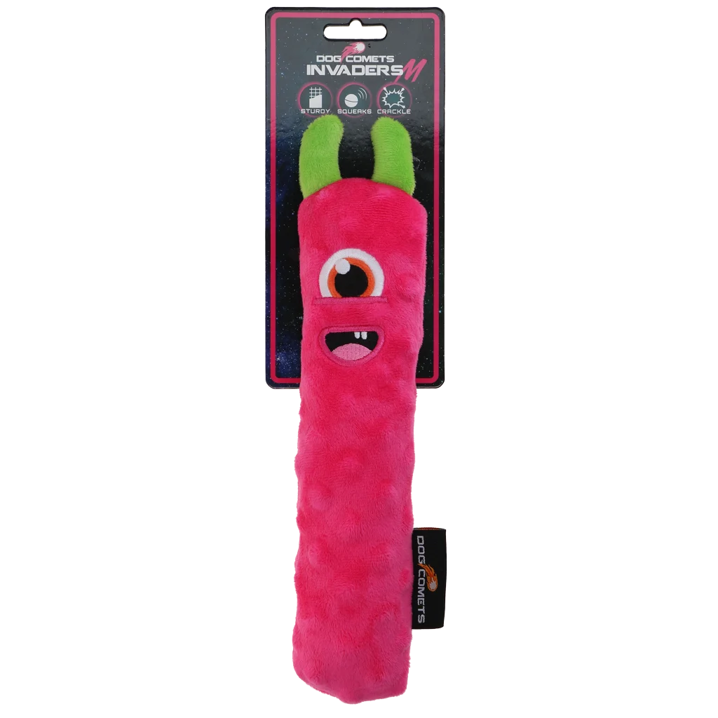 Plüsch Wurfstange für Hunde mit Quietscher, Rosa M, 22,5 cm – Dog Comets Invaders – Bild 1