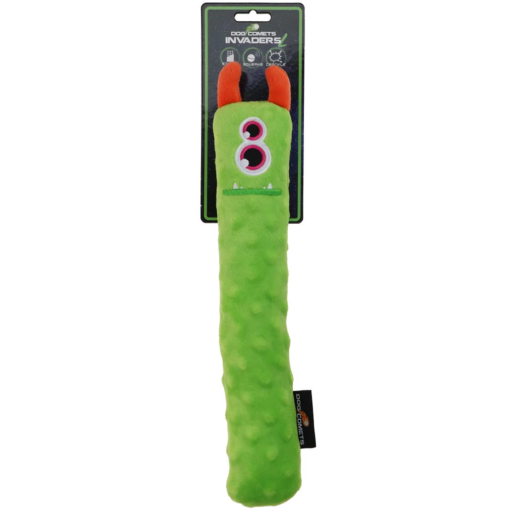 COME0183C.png Plüsch Wurfspielzeug für Hunde mit Quietscher, Grün L, 32 cm – Dog Comets Invaders – Bild 1