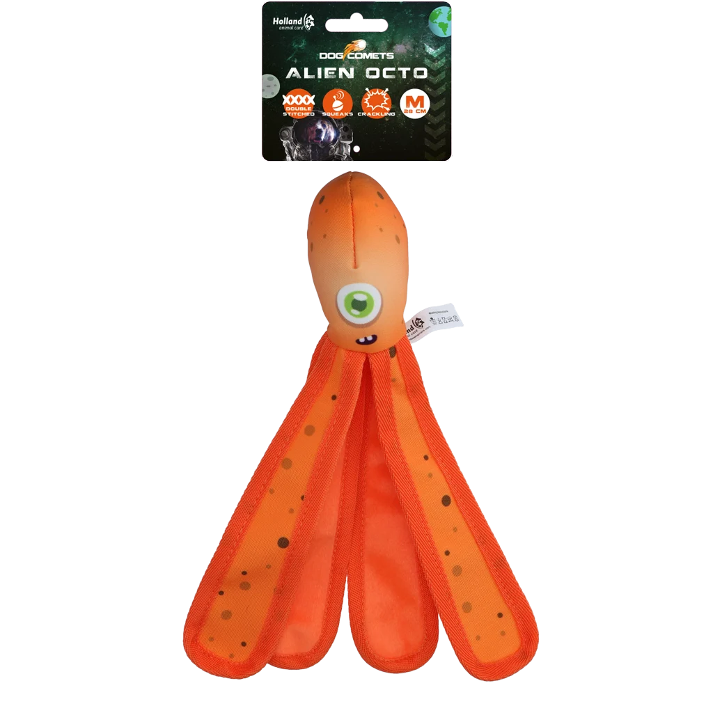 COME018J.png Hundespielzeug mit Quietsche und knisternden Tentakeln, M 28 cm, Orange – Dog Comets Alien Octo – Bild 1