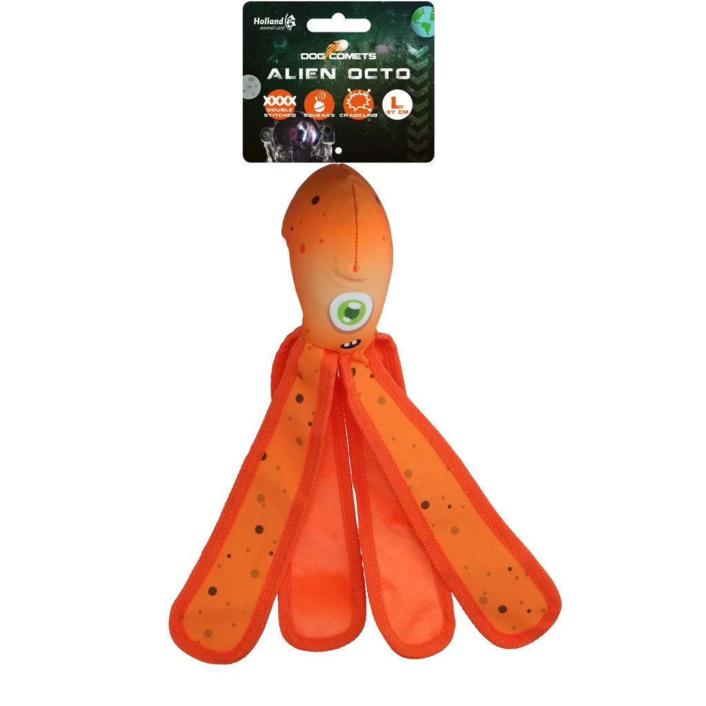 Hundespielzeug mit Quietscher und knisternden Tentakeln, L 37 cm, Orange – Dog Comets Alien Octo – Bild 1