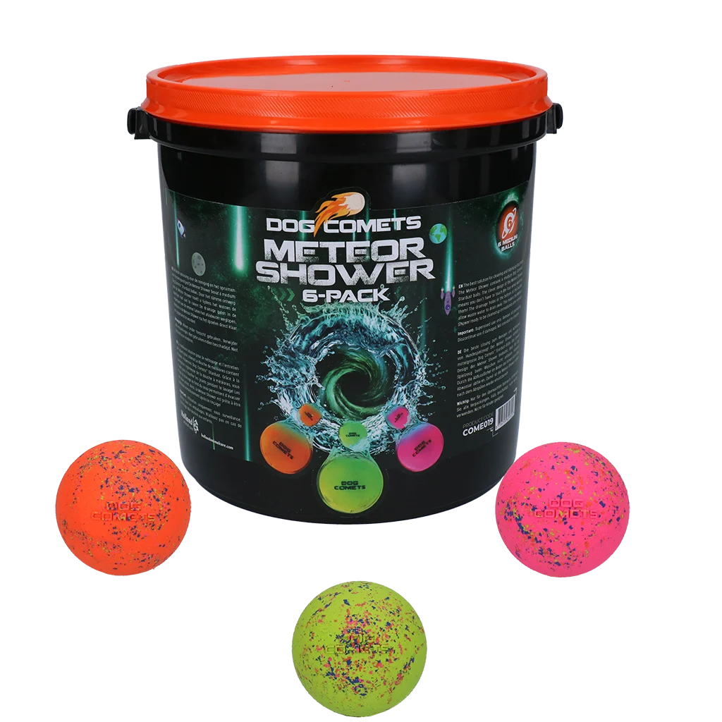 COME019.png Hundebälle aus Gummi mit Eimer, 6 Stück M – Dog Comets Meteor Shower – Bild 1