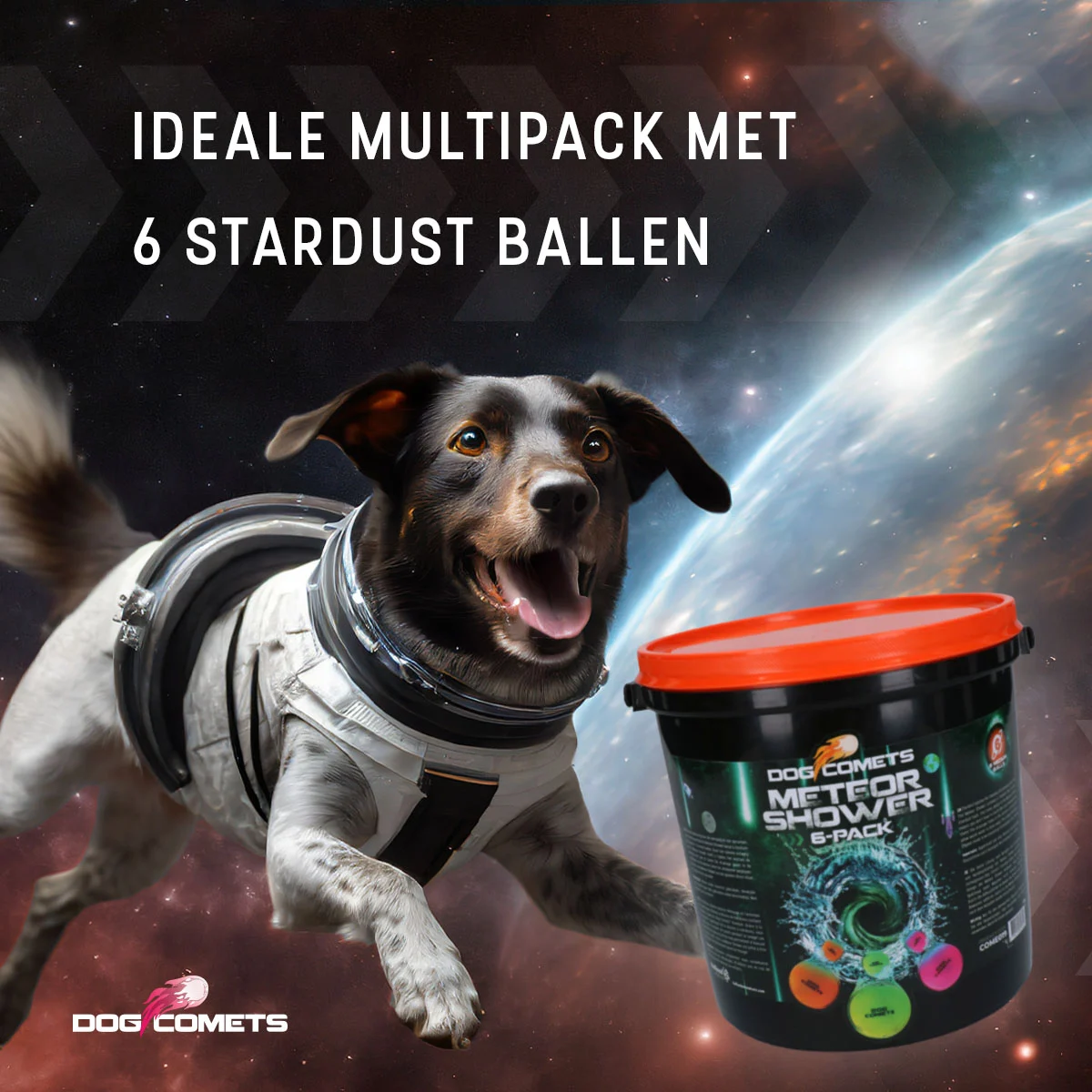 Hundebälle aus Gummi mit Eimer, 6 Stück M – Dog Comets Meteor Shower – Bild 3