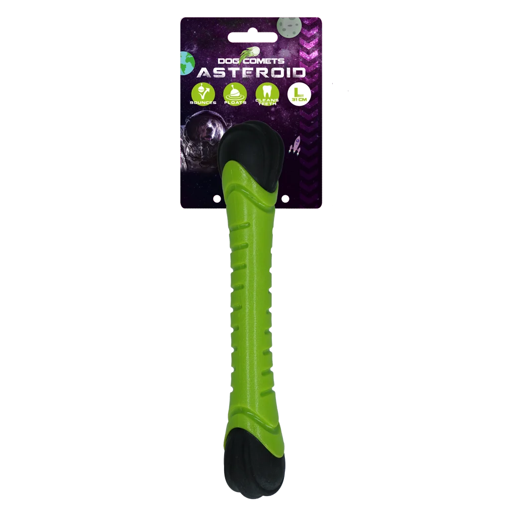 COME035F.png Apportierstab mit Quietscher, Grün L, 31 cm – Dog Comets Asteroid Wurfstab – Bild 1