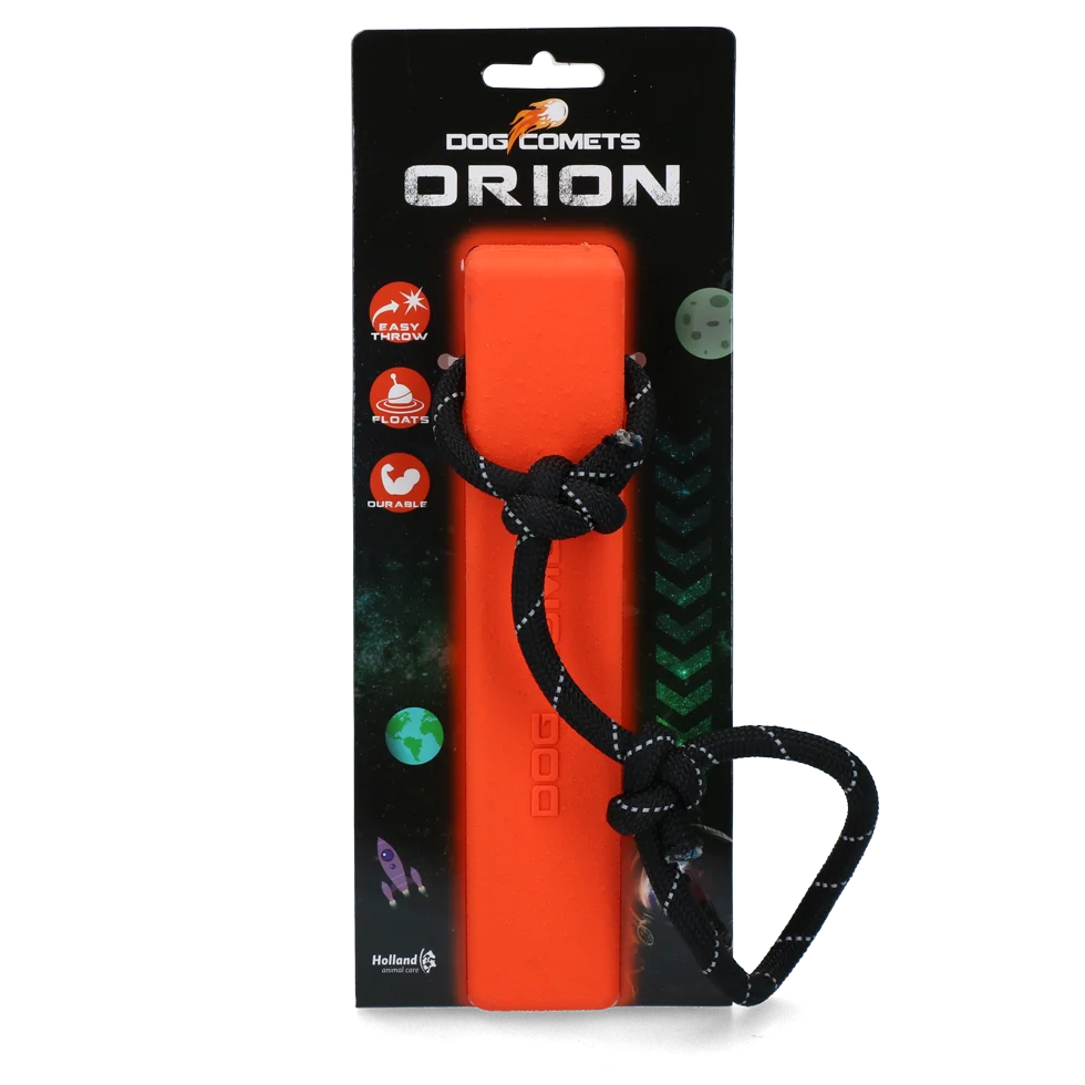 COME055A.png Apportierdummy mit Seil, schwimmfähig, 20 x 4 x 4 cm, Orange – Dog Comets Orion – Bild 1