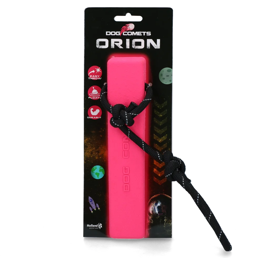 COME055B.png Apportierdummy mit Seil, schwimmfähig, 20 x 4 x 4 cm, Rosa – Dog Comets Orion – Bild 1