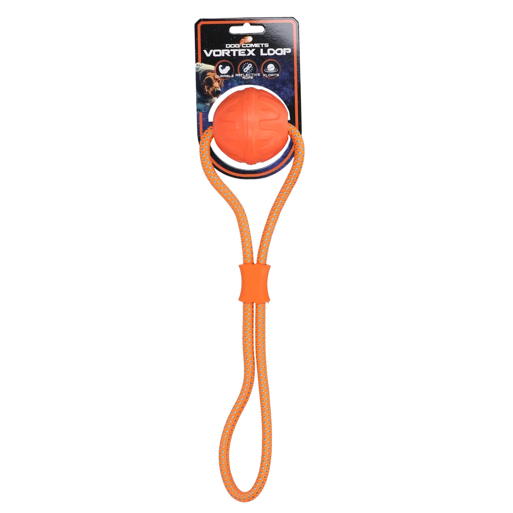 Hundeball mit reflektierendem Seil, schwimmfähig, Orange – Dog Comets Vortex Loop – Bild 1