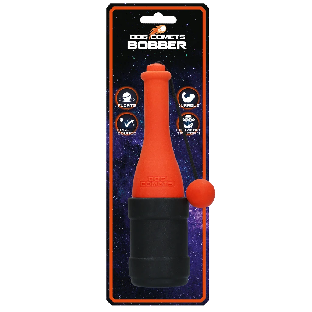 COME077B.png Apportierspielzeug mit Seil für Wasser, 23 cm, Orange – Dog Comets Bobber – Bild 1
