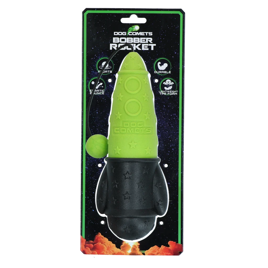 Apportierspielzeug mit Wurfkordel, schwimmfähig, Ø 65 x 235 mm, Grün – Dog Comets Bobber Rocket – Bild 1