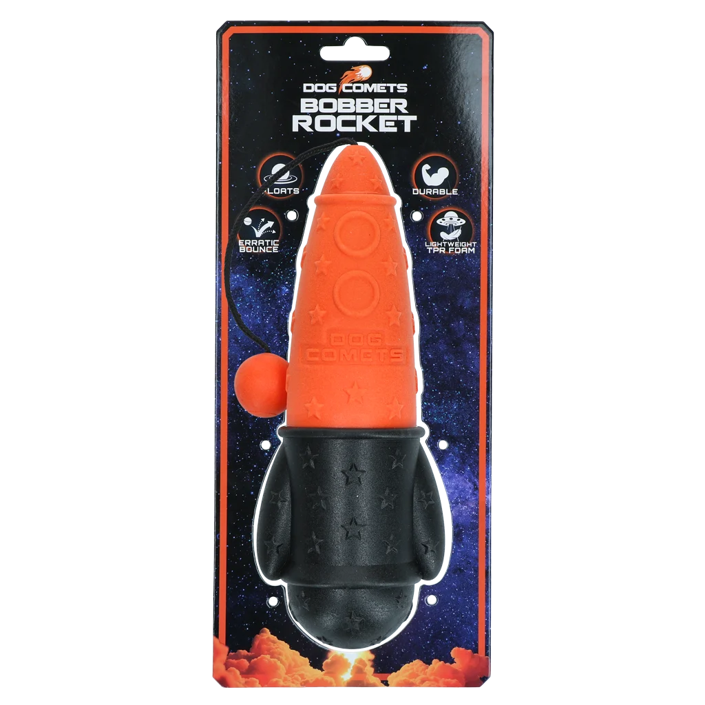 COME077N.png Apportierspielzeug mit Wurfseil, schwimmfähig, Ø 65 x 235 mm, Orange – Dog Comets Bobber Rocket – Bild 1