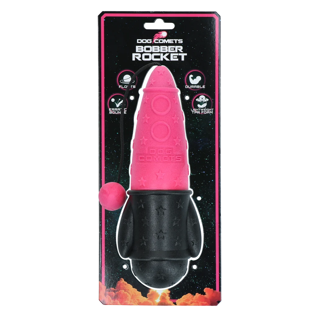 Apportierspielzeug mit Kordel, schwimmfähig, Ø 65 x 235 mm, Rosa – Dog Comets Bobber Rocket – Bild 1