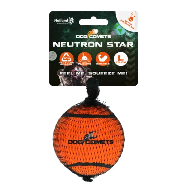 Tennisball mit Quietsche und Gummirand, Orange L, 7,5 cm – Dog Comets Neutron Star