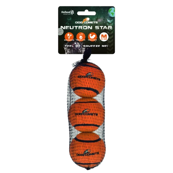 Hundetennisball mit Quietscher M, Ø 6 cm, Orange, 3 Stück – Dog Comets Neutron Star