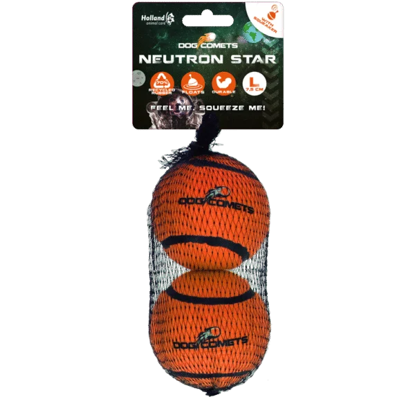Tennisball mit Quietscher und Gummirand, Orange L, 7,5 cm, 2 Stück – Dog Comets Neutron Star